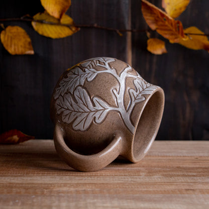 Red Sandstone Sgraffito Oak Branch Mug #1 [13oz]
