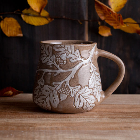 Red Sandstone Sgraffito Oak Branch Mug #2 [14oz]