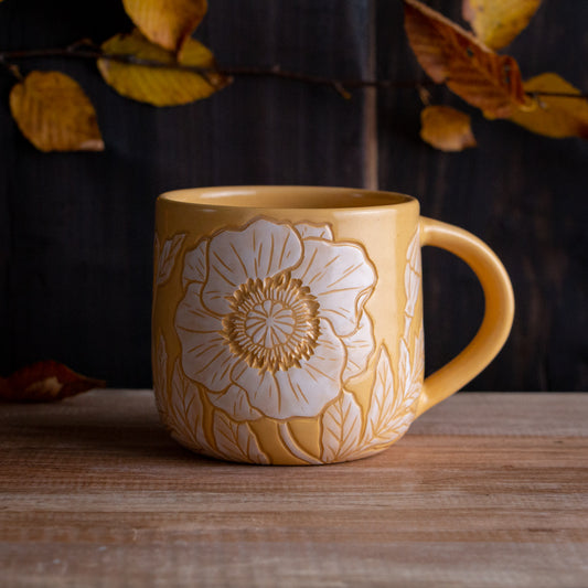 Yellow Sgraffito Poppy Mug #1 [14oz]