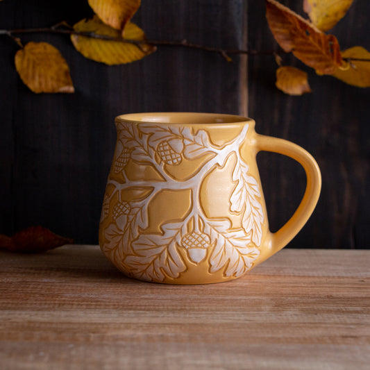 Yellow Sgraffito Oak Branch Mug [12oz]