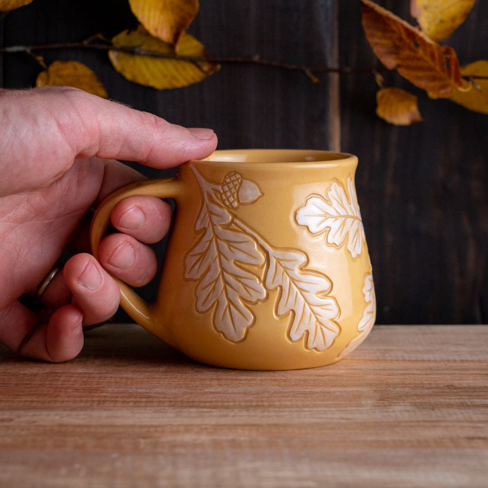 Yellow Sgraffito Oak Branch Mug [12oz]