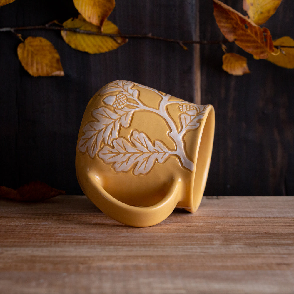 Yellow Sgraffito Oak Branch Mug [12oz]