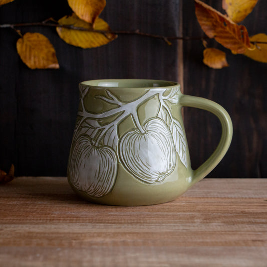 Olive Green Sgraffito Apple Branch Mug [13oz]