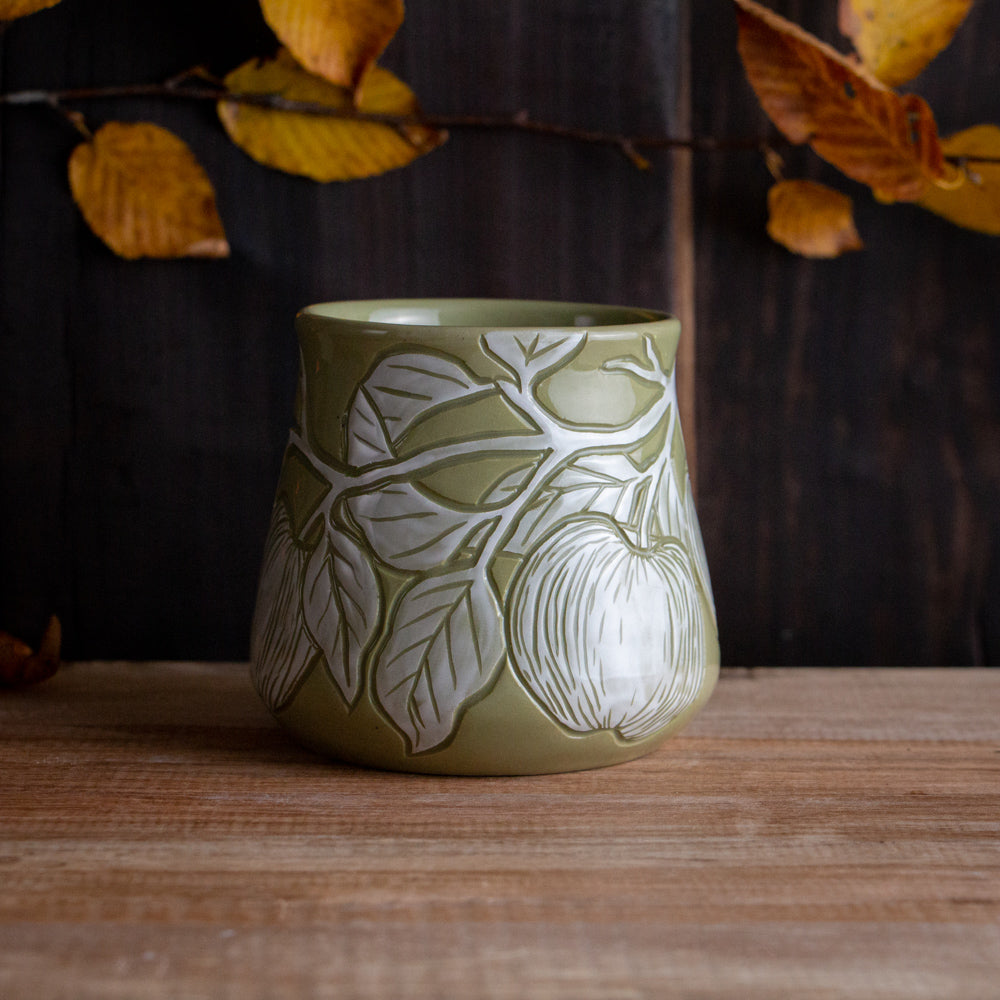 Olive Green Sgraffito Apple Branch Mug [13oz]