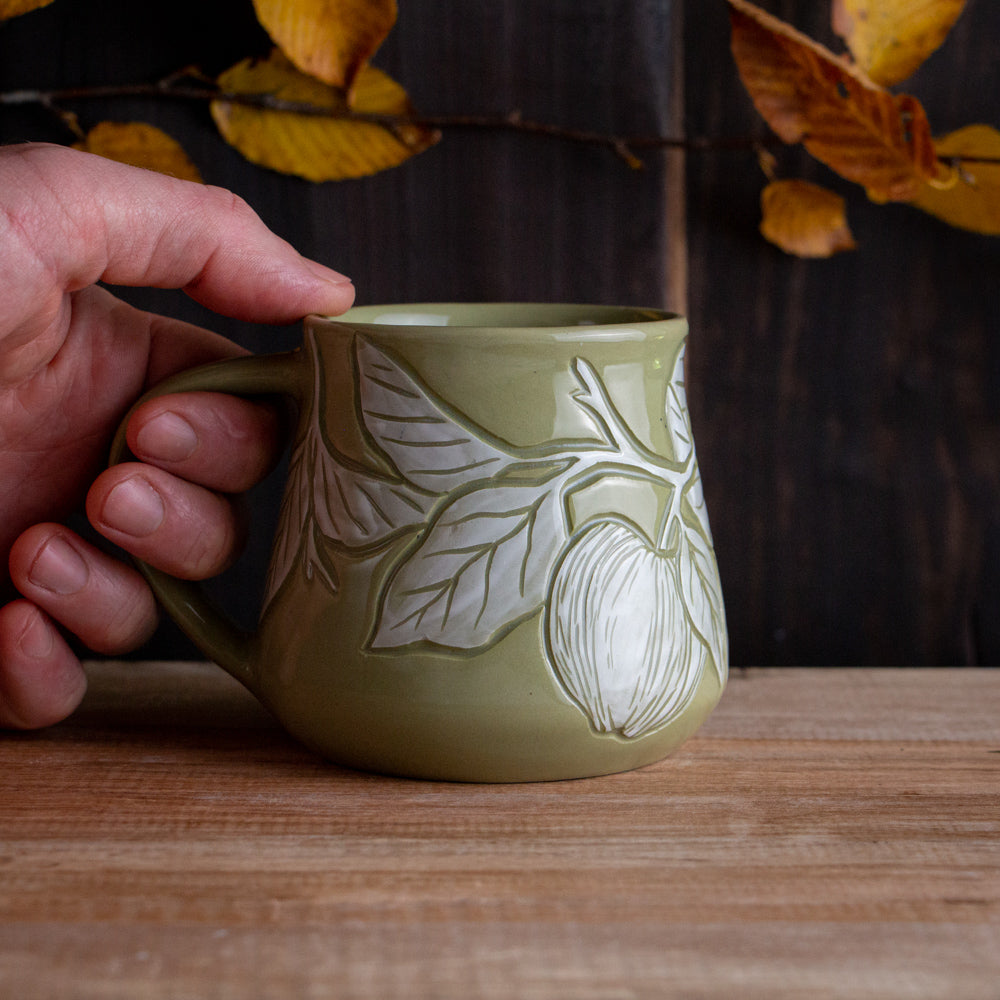 Olive Green Sgraffito Apple Branch Mug [13oz]