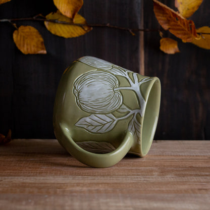 Olive Green Sgraffito Apple Branch Mug [13oz]