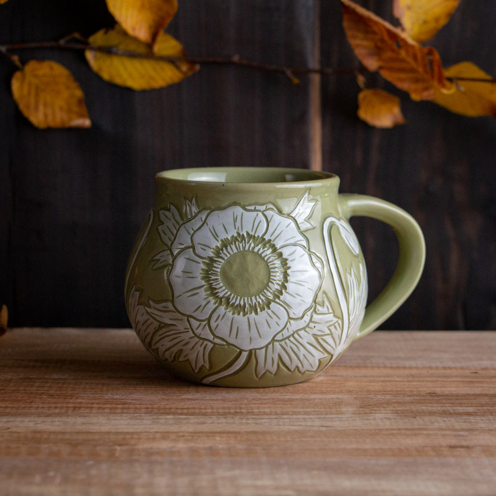 Olive Green Sgraffito Anemone Mug #2 [11oz]