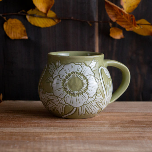 Olive Green Sgraffito Anemone Mug #2 [11oz]