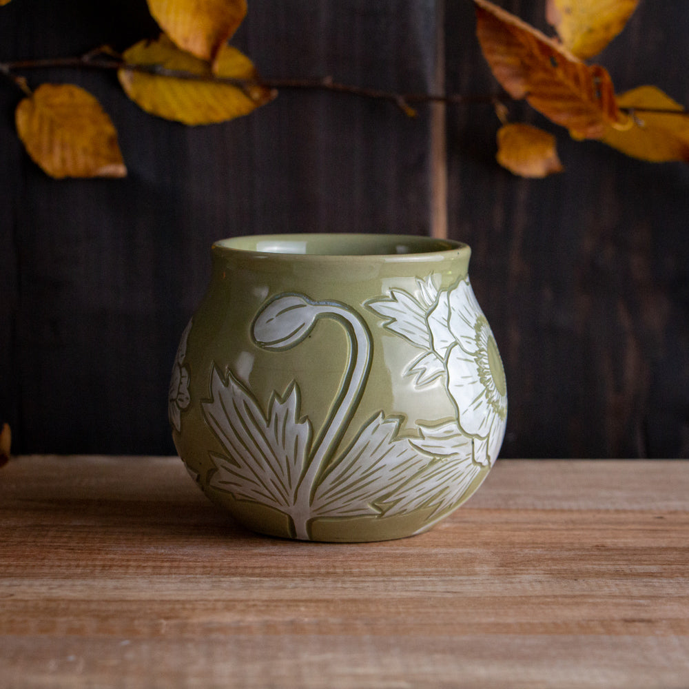 Olive Green Sgraffito Anemone Mug #2 [11oz]