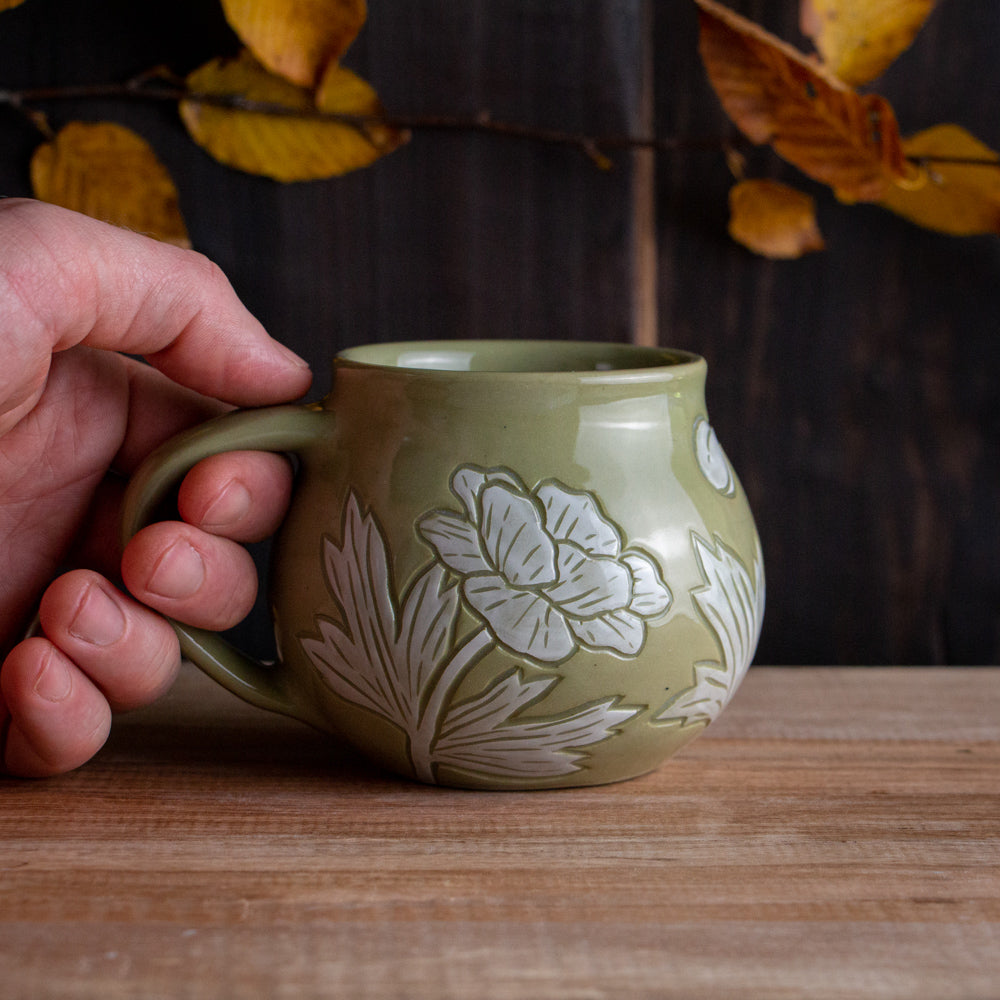 Olive Green Sgraffito Anemone Mug #2 [11oz]