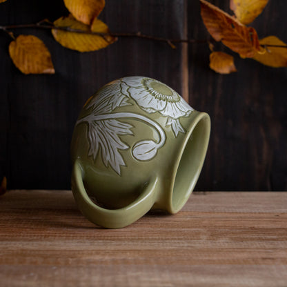 Olive Green Sgraffito Anemone Mug #2 [11oz]