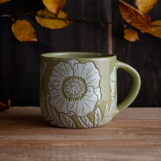 Olive Green Sgraffito Poppy Mug #1 [15oz]