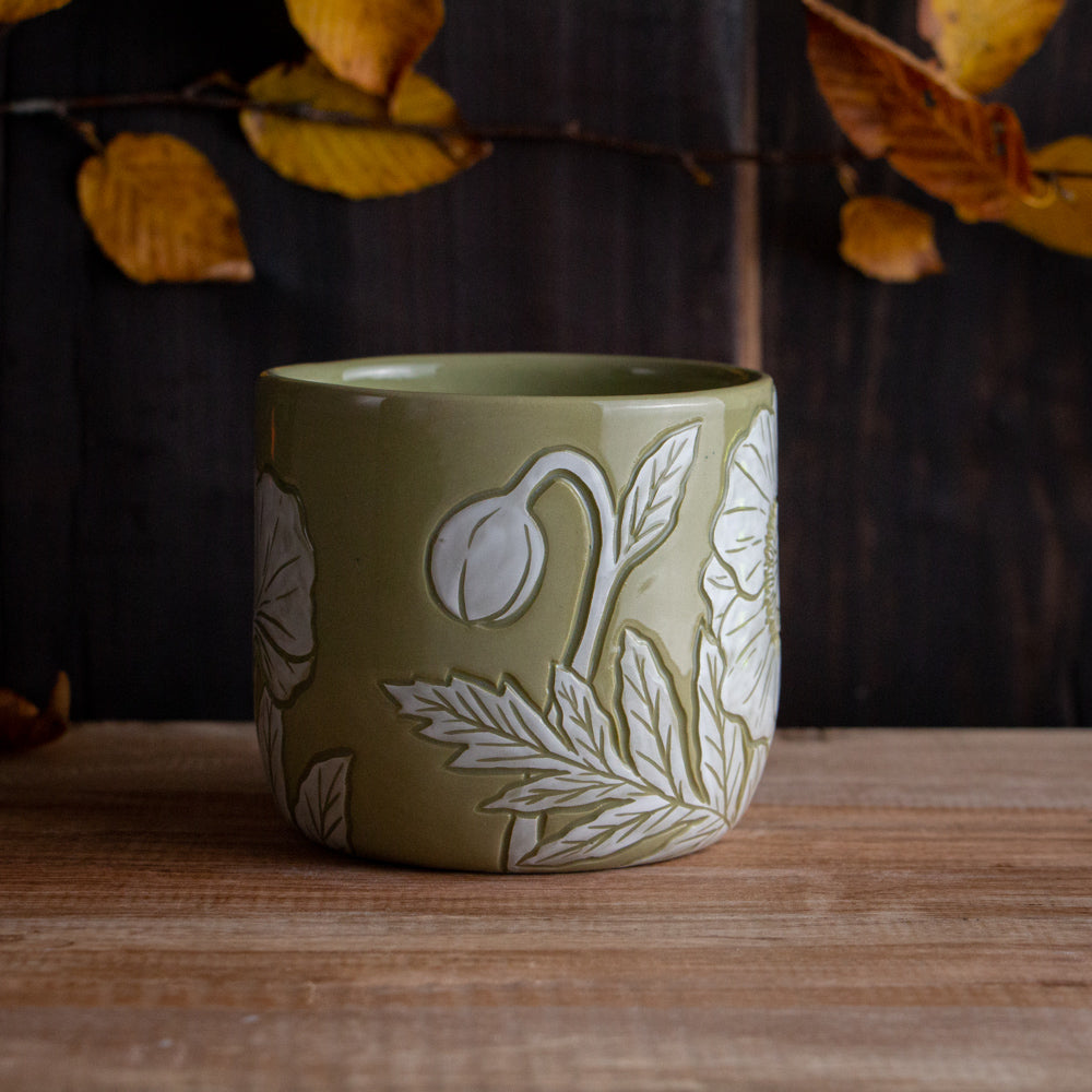 Olive Green Sgraffito Poppy Mug #1 [15oz]