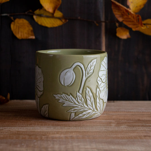 Olive Green Sgraffito Poppy Mug #1 [15oz]