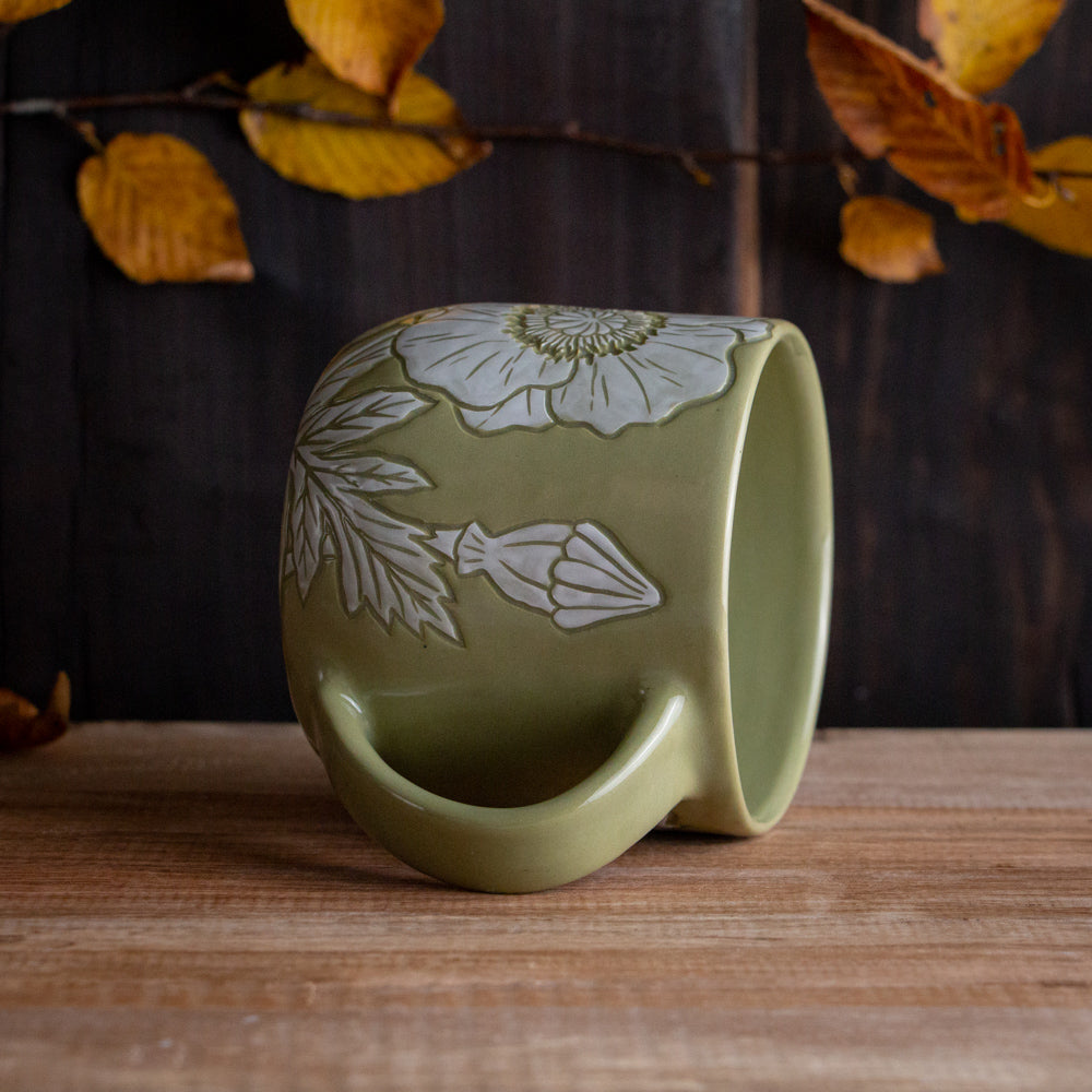 Olive Green Sgraffito Poppy Mug #1 [15oz]