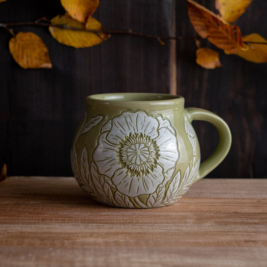 Olive Green Sgraffito Poppy Mug #2 [11oz]