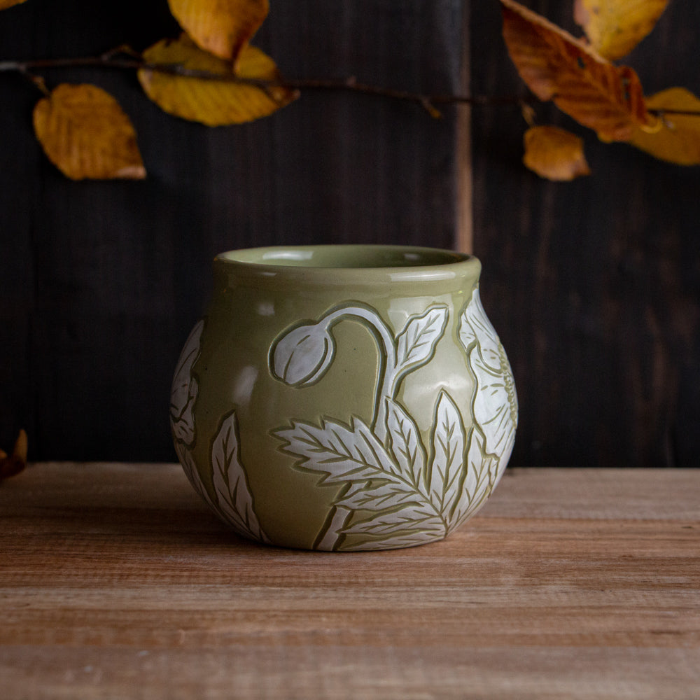 Olive Green Sgraffito Poppy Mug #2 [11oz]