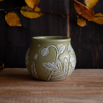 Olive Green Sgraffito Poppy Mug #2 [11oz]