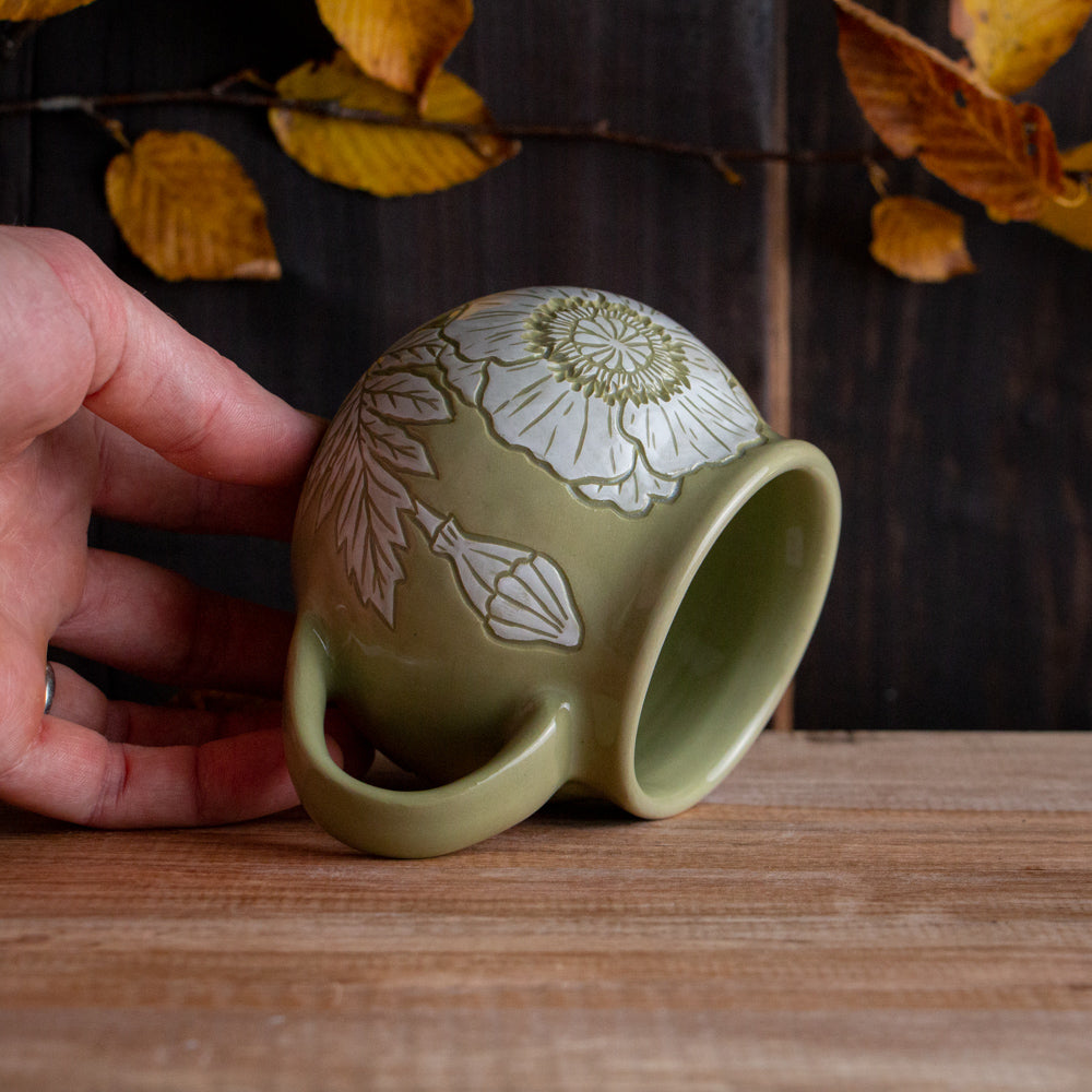 Olive Green Sgraffito Poppy Mug #2 [11oz]