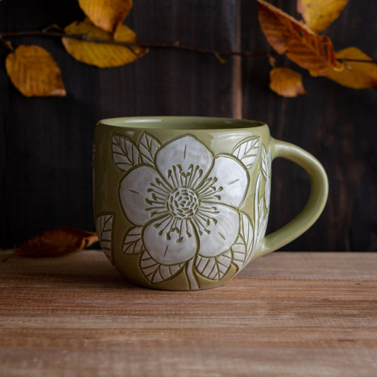 Olive Green Sgraffito Hellebore Mug #1 [13oz]