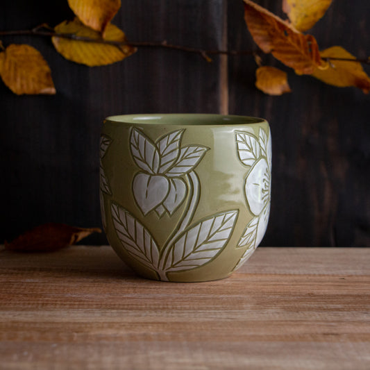 Olive Green Sgraffito Hellebore Mug #1 [13oz]