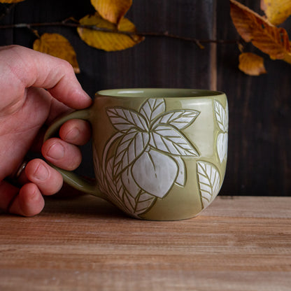 Olive Green Sgraffito Hellebore Mug #1 [13oz]