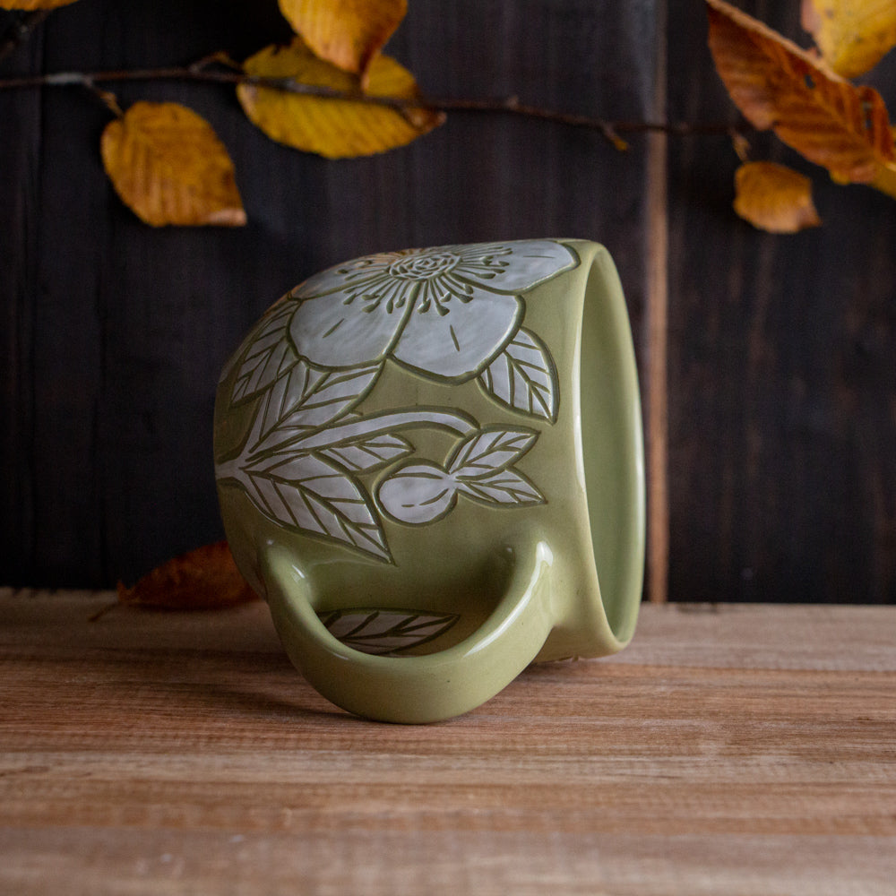 Olive Green Sgraffito Hellebore Mug #1 [13oz]