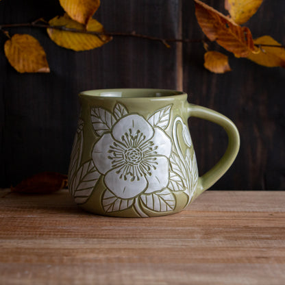 Olive Green Sgraffito Hellebore Mug #2 [12oz]