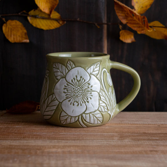 Olive Green Sgraffito Hellebore Mug #2 [12oz]