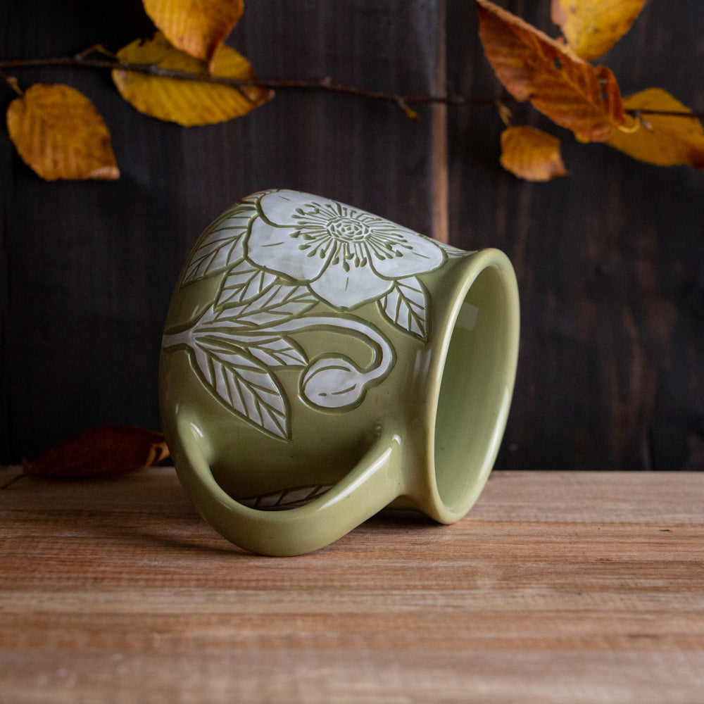Olive Green Sgraffito Hellebore Mug #2 [12oz]