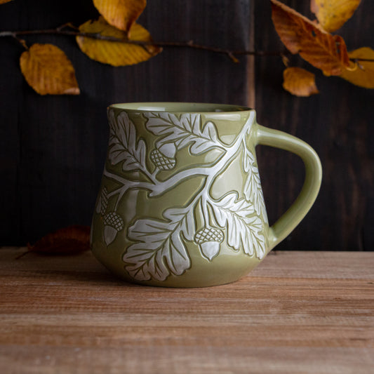 Olive Green Sgraffito Oak Branch Mug #1 [15oz]