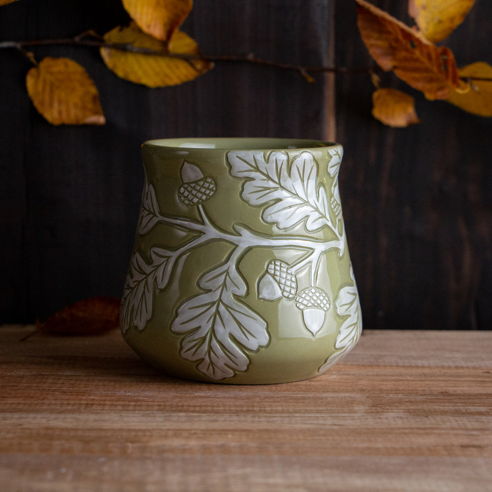 Olive Green Sgraffito Oak Branch Mug #1 [15oz]
