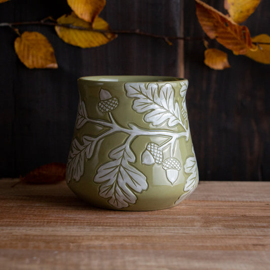 Olive Green Sgraffito Oak Branch Mug #1 [15oz]
