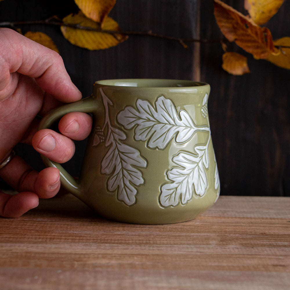Olive Green Sgraffito Oak Branch Mug #1 [15oz]