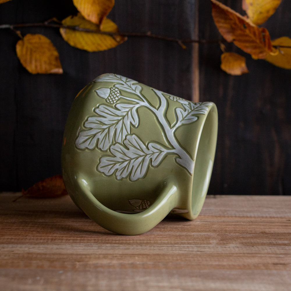 Olive Green Sgraffito Oak Branch Mug #1 [15oz]