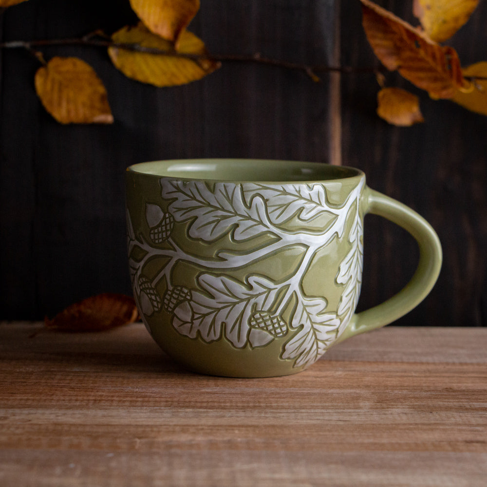 Olive Green Sgraffito Oak Branch Mug #2 [14oz]