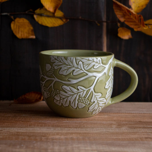 Olive Green Sgraffito Oak Branch Mug #2 [14oz]