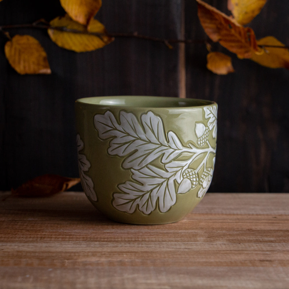 Olive Green Sgraffito Oak Branch Mug #2 [14oz]