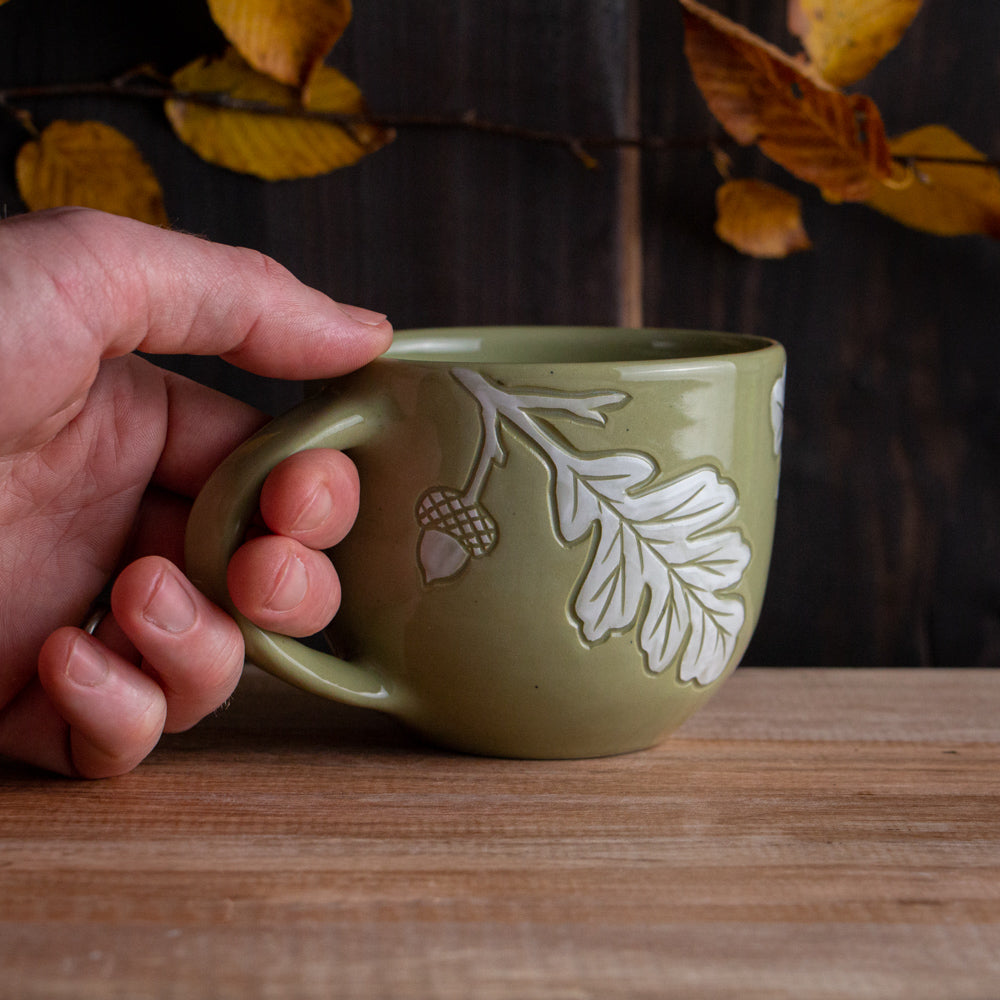 Olive Green Sgraffito Oak Branch Mug #2 [14oz]