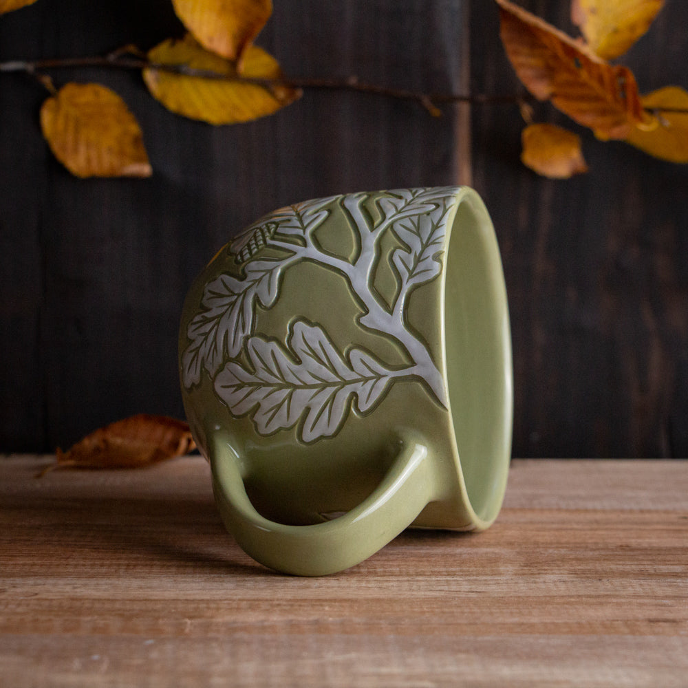 Olive Green Sgraffito Oak Branch Mug #2 [14oz]