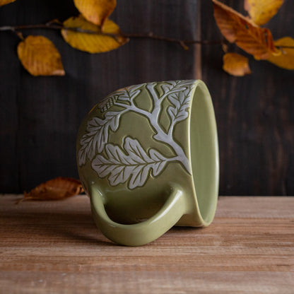 Olive Green Sgraffito Oak Branch Mug #2 [14oz]