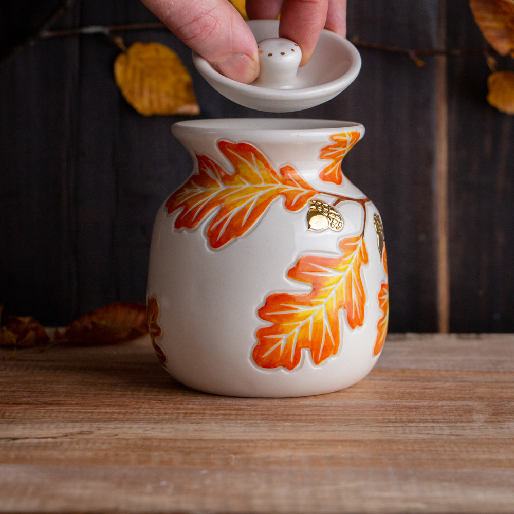 Autumn Oak Branch Lidded Jar