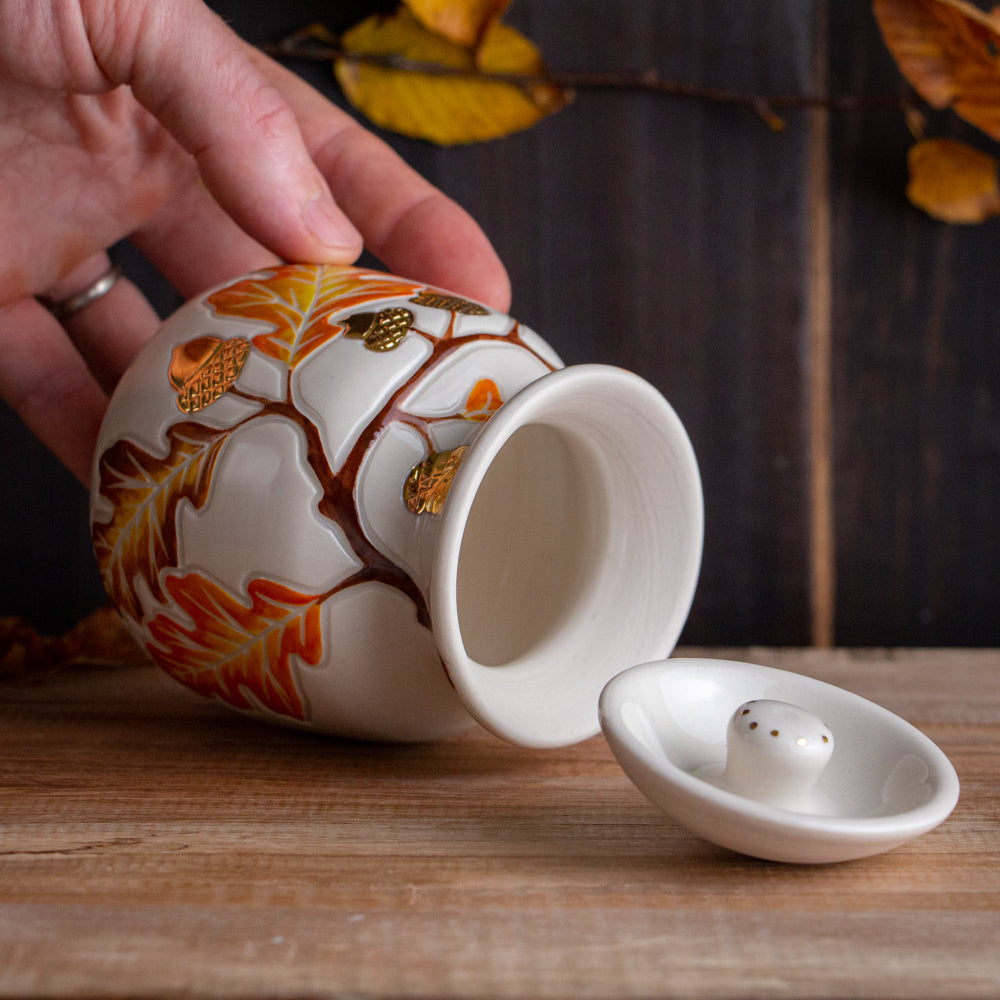 Autumn Oak Branch Lidded Jar