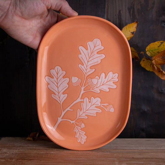 Peach Sgraffito Oak Branch Tray