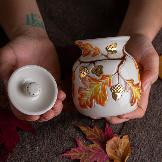 Autumn Oak Branch Lidded Jar