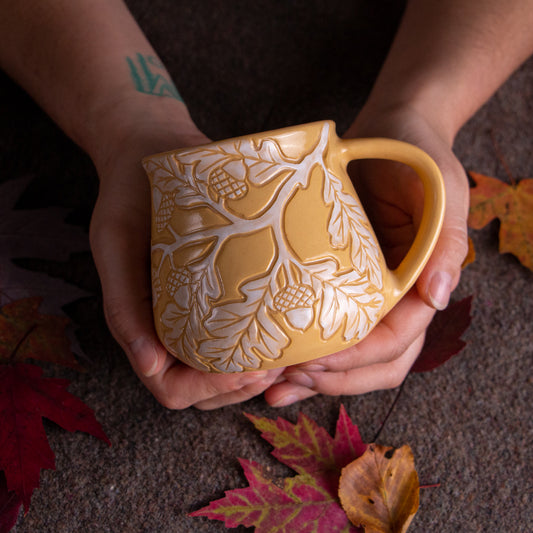 Yellow Sgraffito Oak Branch Mug [12oz]