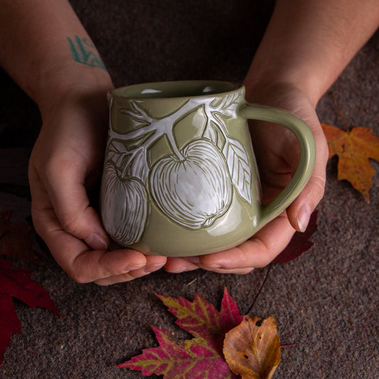 Olive Green Sgraffito Apple Branch Mug [13oz]