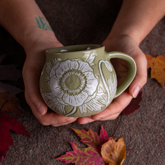 Olive Green Sgraffito Anemone Mug #2 [11oz]