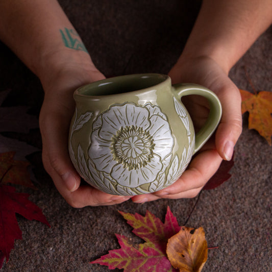 Olive Green Sgraffito Poppy Mug #2 [11oz]