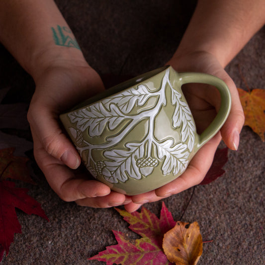 Olive Green Sgraffito Oak Branch Mug #2 [14oz]